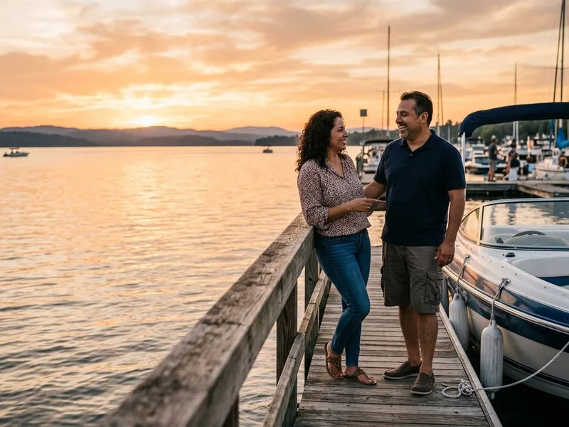 Pareja revisando un barco nuevo en un concesionario náutico